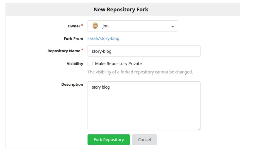 Modal for forking Sarah’s repository in the Gitea UI.