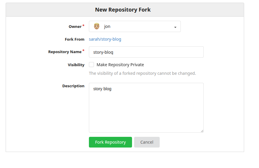 Modal for forking Sarah’s repository in the Gitea UI.